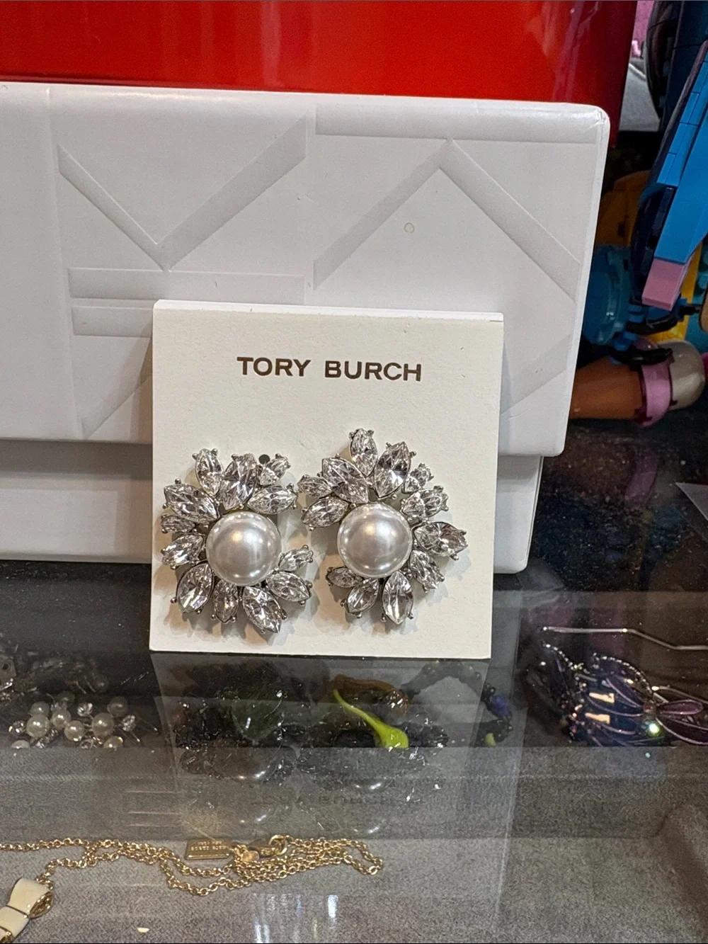 Tory Burch Silver-Tone Crystal and Pearl Sunburst Earrings clip-on